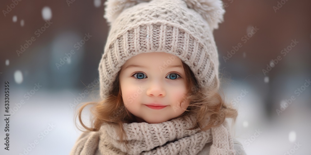 Cute little baby girl smiling wearing woolen cap and scarf and winter clothes with snow day in winter. Playing outside on Christmas holiday, generative ai Cute little baby girl smiling wearing woolen cap and scarf and winter clothes with snow day in winter. Playing outside on Christmas holiday, generative ai