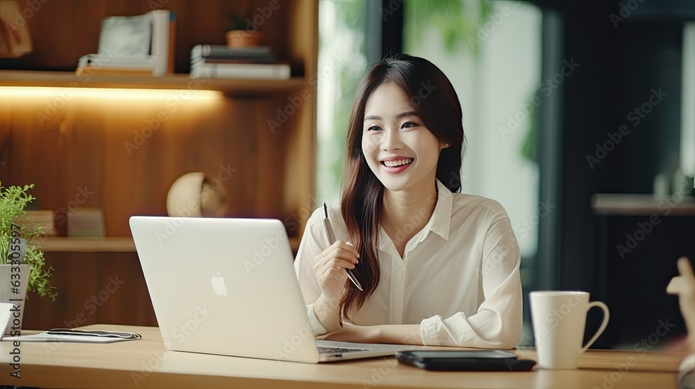 Intelligent woman smiling and working on her laptop to run her small business Intelligent woman smiling and working on her laptop to run her small business