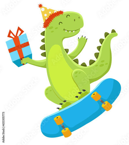Fototapeta Naklejka Na Ścianę i Meble -  Cute Dinosaur Skating With Birthday Hat And Gift