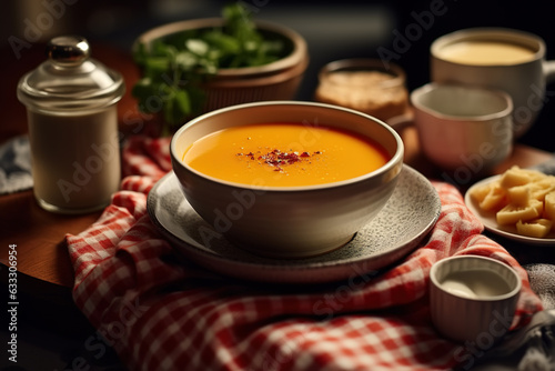Vegetarian lunch, close-up of a cup of thick pumpkin soup with spices on a tablecloth indoors