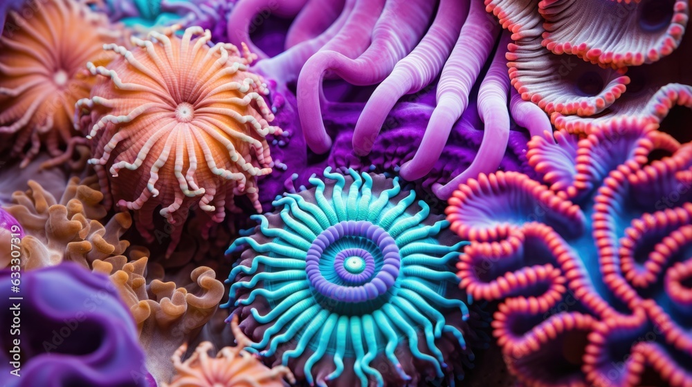 Coral reef underwater texture. Vivid corals. Undersea bottom texture. Underwater life scene. AI illustration.
