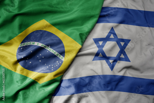 Wallpaper Mural big waving realistic national colorful flag of brazil and national flag of israel