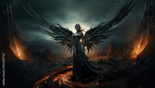 An angel  an archangel in the form of a stone female statue stands in a gloomy hell  a dark place forgotten by God among mountains and fire. Made in AI