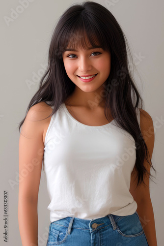 Close-up young beautiful woman smiling and wearing white shirt on gray background.