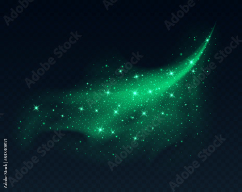 Green dust cloud with sparkles isolated on dark background. Stardust sparkling background. Glowing glitter smoke or splash. Vector illustration. Christmas or Halloween decoration.