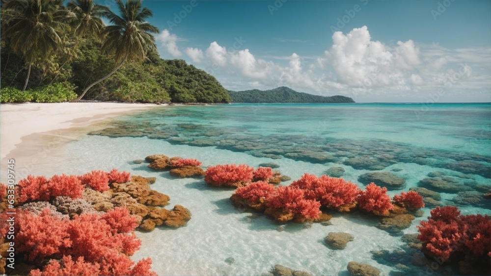 Naklejka premium Tropical wonderland: clear waters caress a vibrant coral reef, adorning a lush beach with nature's underwater symphony of colors.