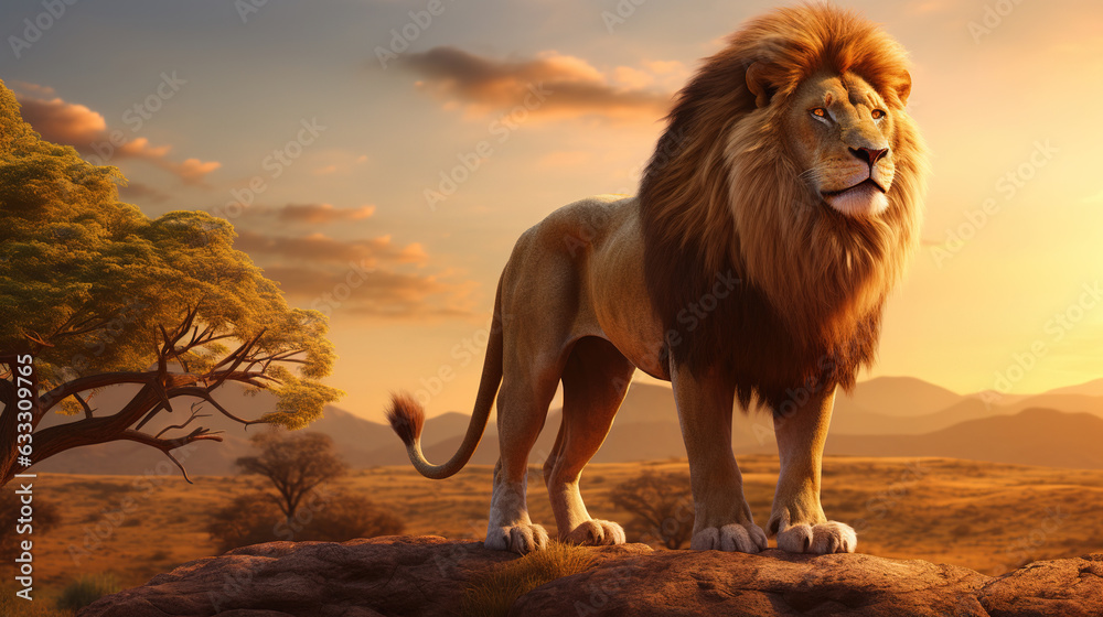 Majestic lion standing on the savanna. Generative AI - obrazy, fototapety, plakaty 