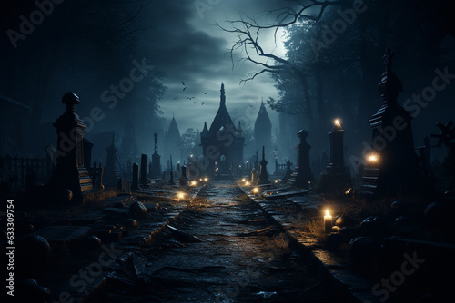serene and spooky shot of a moonlit cemetery with rows of headstones  invoking the essence of Halloween s eerie charm 