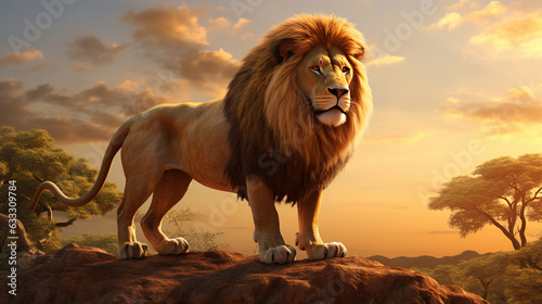 Majestic lion standing on the savanna. Generative AI © Sewupari Studio