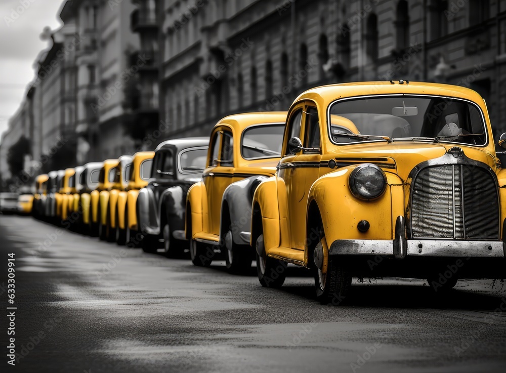 Fototapeta premium Photo of several yellow taxi on street in summer afternoon. Created with Generative AI technology.