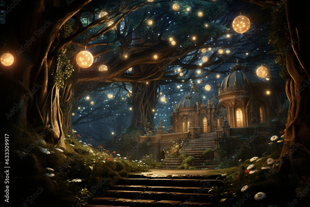 magical scene of an enchanted forest illuminated by twinkling lights, creating an atmosphere of whimsy and mystery 