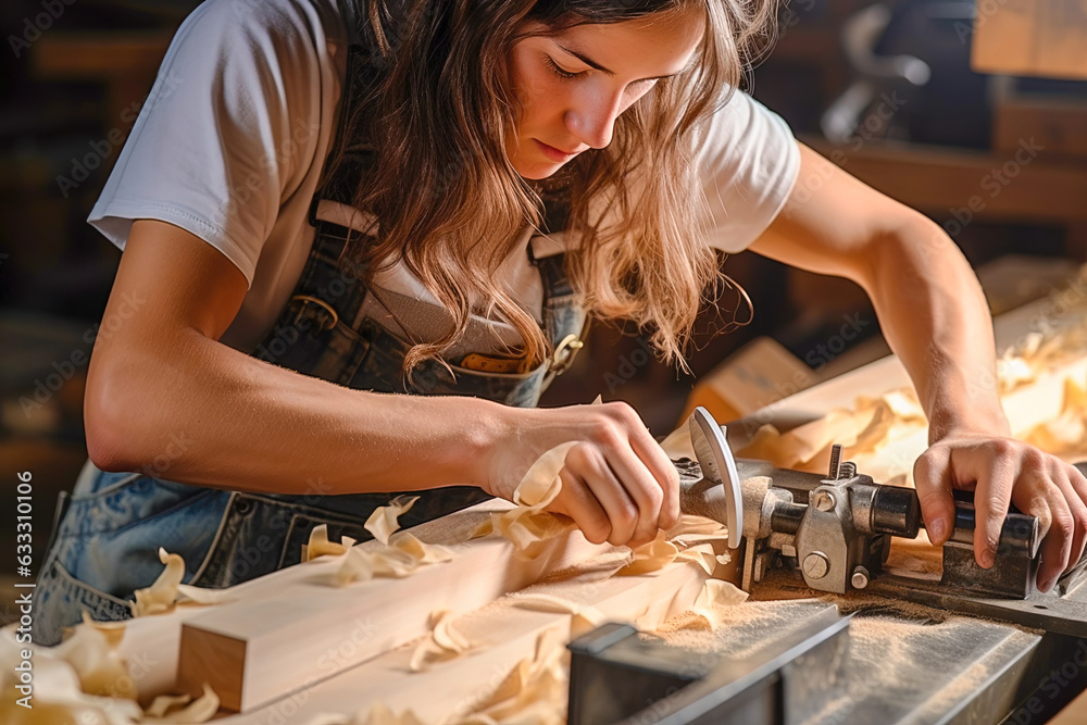 A carpenter girl on a workbench processes a wooden blank. - obrazy, fototapety, plakaty 