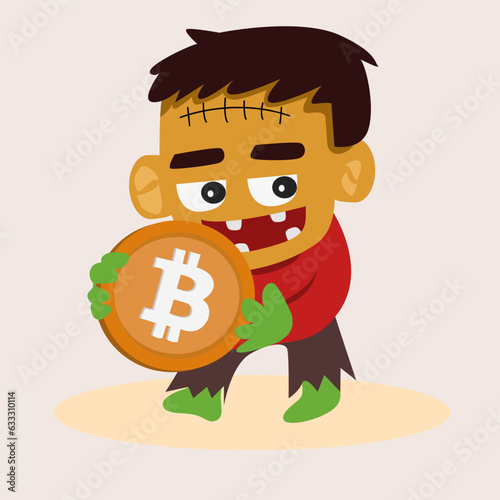 Halloween concept, flat garoon Devil's pumpkin costume on Halloween night with bitcoin coins photo