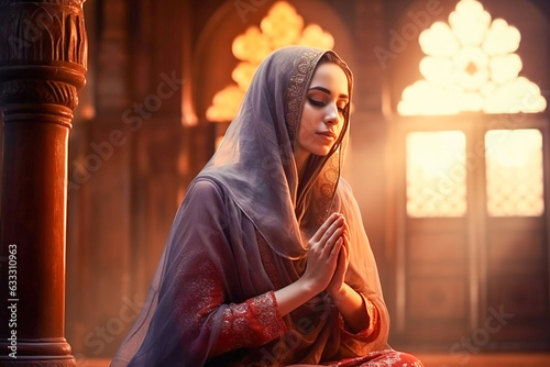 A Muslim woman prays in a mosque.