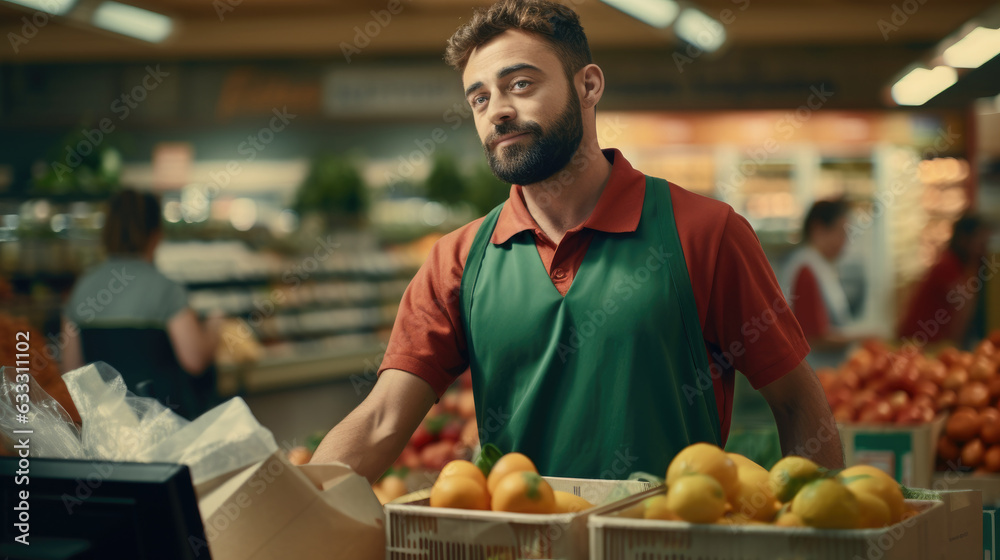 Young salesman working at grocery.