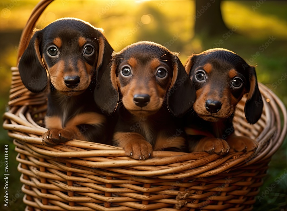 Three little and cute puppies dachshund. Created with Generative AI technology.