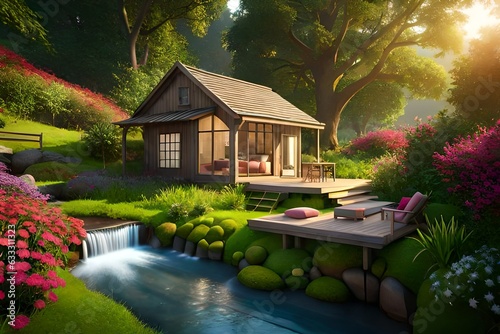 tropical garden with house