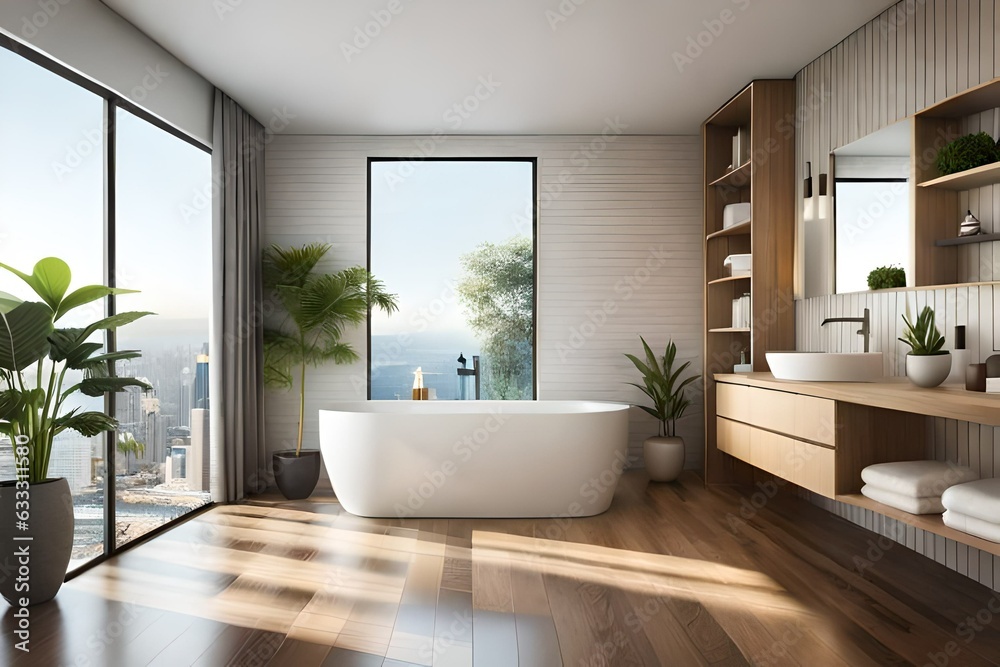 illustration of modern bathroom interior furnished with bathtub and wooden shelves with sink decorated with potted plant placed near window