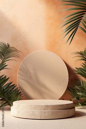 Vertical stone podium in pastel colors with tropical leaves. Stage, pedestal, product exhibition, cosmetics, appliances