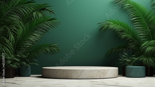 Horizontal stone podium in pastel colors with tropical leaves. Stage, pedestal, product exhibition, cosmetics, appliances
