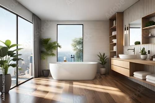 illustration of modern bathroom interior furnished with bathtub and wooden shelves with sink decorated with potted plant placed near window © Pretty Panda