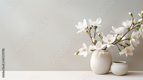 Simple empty mockup scene, free space, table for advertising with jasmine flowers, product demonstrations, paintings. Light white pastel color
