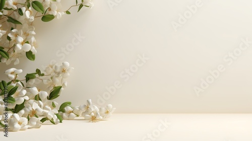 Simple empty mockup scene, free space, table for advertising with jasmine flowers, product demonstrations, paintings. Light white pastel color photo