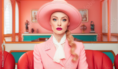 Portrait of a blonde model in a hat with timeless elegance  vintage charm and emotional depth posing in a melancholic interior of pastel colors. 