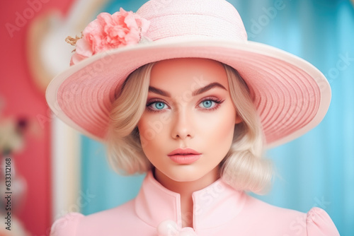 Portrait of a blonde model in a hat with timeless elegance, vintage charm and emotional depth posing in a melancholic interior of pastel colors. 