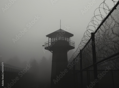 Prison watchtower protected by wire of prison fence.White prison wall and guard tower with coiled barbed wire.Criminal justice imprisonment concept. Created with Generative AI technology. photo