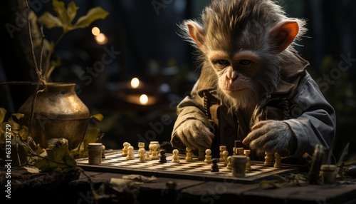 Jungle board chess game, macaque gambling logic game. The monkey offers to play a game of checkers. Created with AI photo