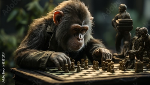 Jungle board chess game, macaque gambling logic game. The monkey offers to play a game of checkers. Created with AI photo