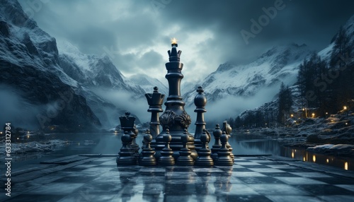 Chess pieces on the playing board, gambling logic game. Created with AI