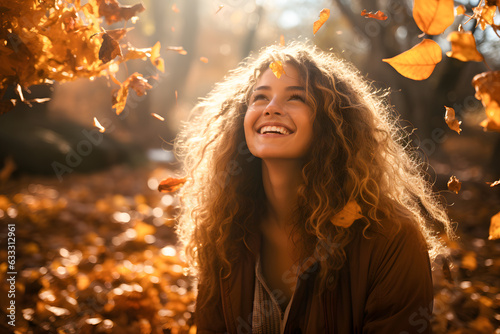 Young woman smiling in a autumn park looking in falling leaves ai generated art