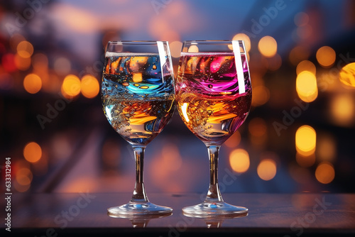Abstract rainbow-colored champagne glasses and a gold-toned background are appropriate for Valentine's Day, weddings, New Year's Eve, Christmas, etc. Event Concept.