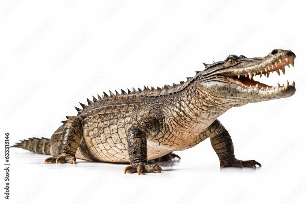 Fototapeta premium Large crocodile isolated on white background , Wildlife crocodile open mouth , Created with Generative Ai Technology