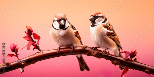 A lot of small funny birds sparrows sitting on a branch on the panoramic picture © waichi2013th