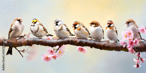 A lot of small funny birds sparrows sitting on a branch on the panoramic picture
