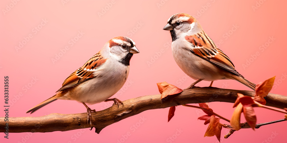 A lot of small funny birds sparrows sitting on a branch on the panoramic picture A lot of small funny birds sparrows sitting on a branch on the panoramic picture