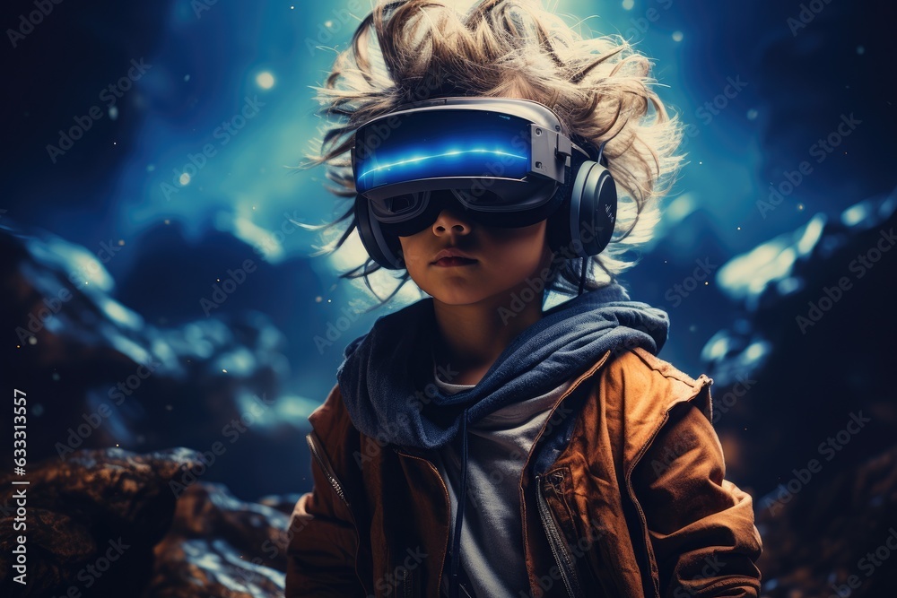 Boy wearing virtual reality headset. VR goggles innovation technology. Generative AI