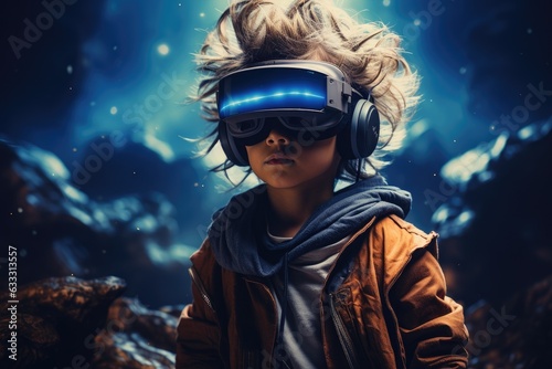 Boy wearing virtual reality headset. VR goggles innovation technology. Generative AI