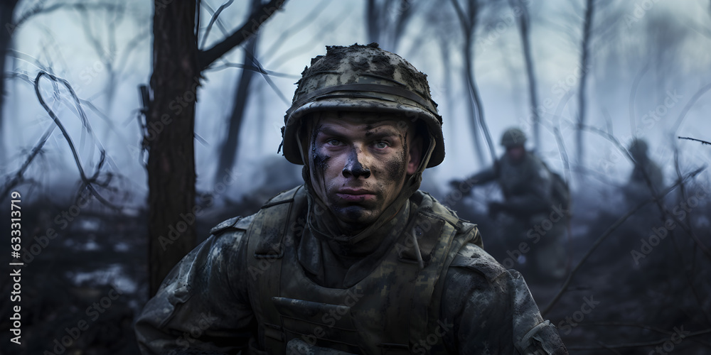 Soldier advancing along the front. Portrait of a soldier with camouflage paint in a forest. War.jpg