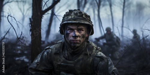 Soldier advancing along the front. Portrait of a soldier with camouflage paint in a forest. War.jpg © David Costa Art