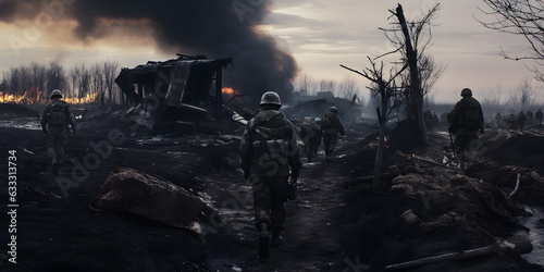 Soldier advancing along the front. military counteroffensive. Town destroyed by war. war conflict