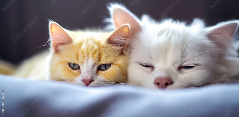 Cat and dog sleeping together. Kitten and puppy taking nap. Home pets. Animal care. Love and friendship Cat and dog sleeping together. Kitten and puppy taking nap. Home pets. Animal care. Love and friendship