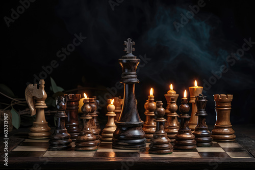 Chess board game with chess pieces and candles