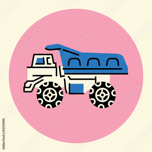 Children toy plastic dump truck black line icon.