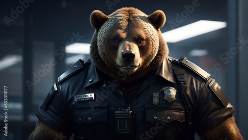 portrait of an angry bear cop, half body, a police station in the background generative a