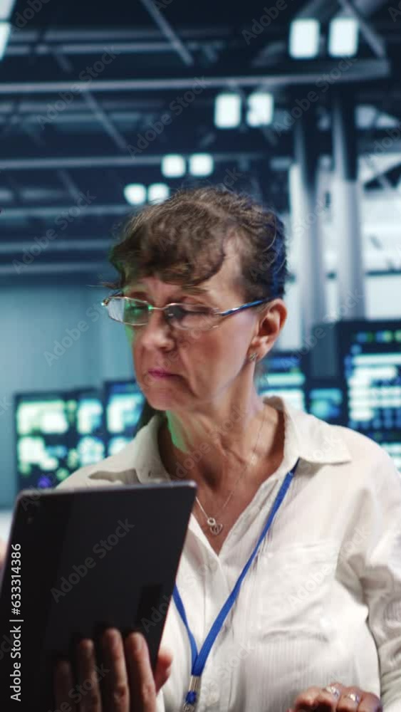 Vertical video Older coworkers in data center, solving tasks on tablet while running scripts on laptop terminal. Experienced colleagues amidst servers, accessing databases and manipulating lines of Vertical video Older coworkers in data center, solving tasks on tablet while running scripts on laptop terminal. Experienced colleagues amidst servers, accessing databases and manipulating lines of