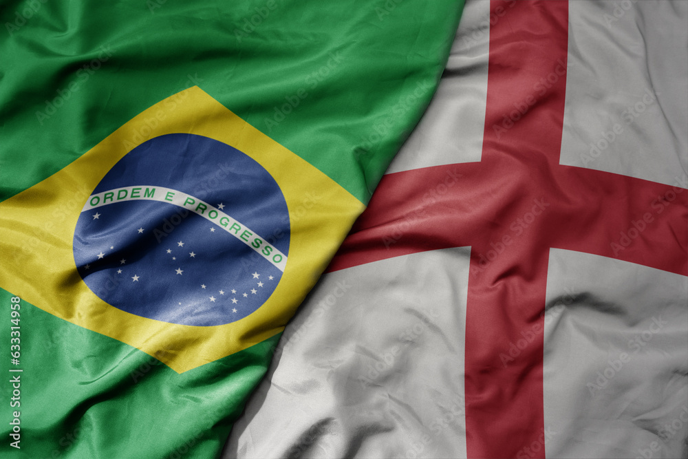 big waving realistic national colorful flag of brazil and national flag of england . - obrazy, fototapety, plakaty 